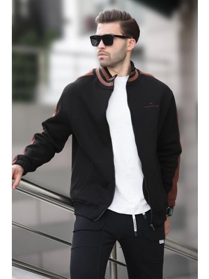 Siyah Yarım Balıkçı Yaka Fermuarlı Baskılı Erkek Hırka 7081