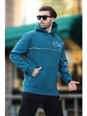 Petrol Mavisi Kapüşonlu Şerit Detaylı Baskılı Erkek Sweatshirt 7091