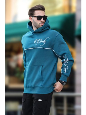 Petrol Mavisi Kapüşonlu Şerit Detaylı Baskılı Erkek Sweatshirt 7091