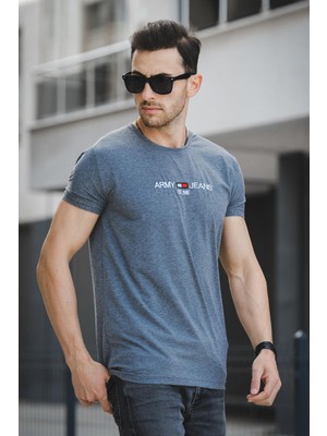 Army Nakışlı Slim Fit Dar Kesim Likralı Erkek Tshirt
