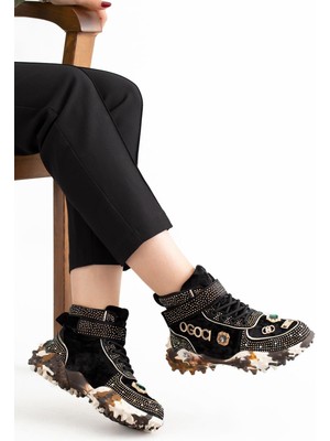 Guja 24K351 Kadın Taşlı Kadife Casual Bootie Siyah