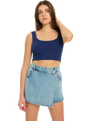 Tek Düğme Fermuarlı Denim Şort Kot Kadın Jean Etek
