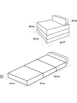 Oturum Yüksekliği 38 cm 70X225 Beyaz Kırık Tek Kişilik Katlanabilir Yatak Koltuk