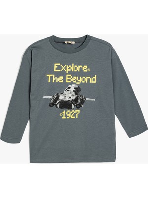 Koton Tişört Baskı Detaylı Uzun Kollu Bisiklet Yaka Pamuklu