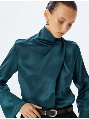 Koton Saten Bluz Asimetrik Dik Yaka Drape Detaylı Uzun Kollu