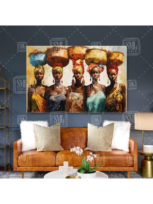 SML Tablo Başında Ahşap Sepet Taşıyan Afrikalı Kadınlar Afrika Etnik Yaşamı Yatay Kanvas Tablo