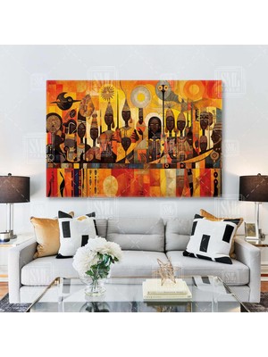 SML Tablo Afrikan Ailesi Ahşap Totemler African Abstract Yatay Kanvas Tablo