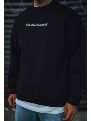 Tarz Yeri Üç Iplik Penye Bisiklet Yaka Oversize Baskılı Sweatshirt - Siyah