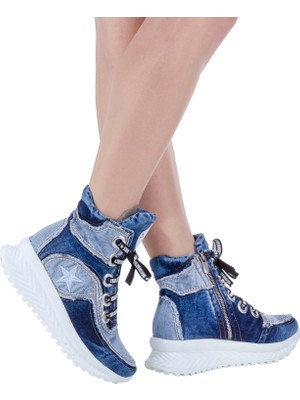 Kadın Kot Bot Bilek Üstü Jeanolog Bağcık ve Fermuarlı 7305