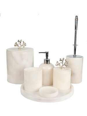 TeknoTrust Beyaz Mermer ve Mercan Detaylı 7'li Banyo Seti, Şık ve Şeffaf Tasarım