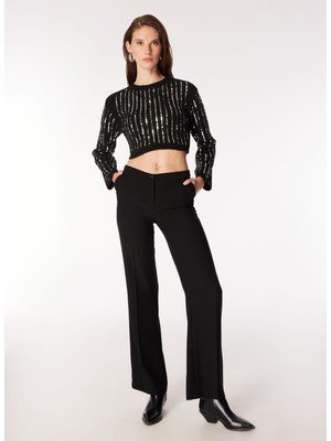 Fabrika Bisiklet Yaka Crop Payetli Siyah Kazak Kadin F4WL-KZK0602