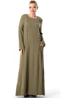 Uzun Kol Nazlı Yandan Çift Cepli Sonbahar ve Kışlık Otantik Double Müslin Uzun Elbise Haki Hk