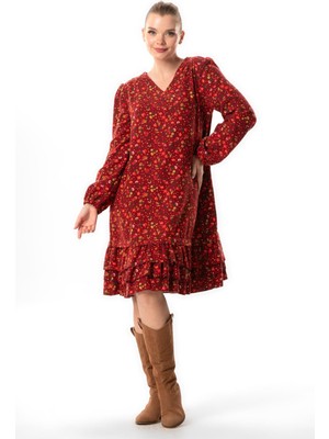 Uzun Kol Evren Pazen V Yaka Sonbahar ve Kışlık Çiçek Desen Fırfırlı Kısa Elbise Bordo Brd