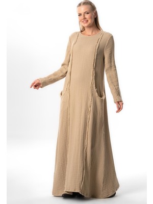 Uzun Kol Nazlı Yandan Çift Cepli Sonbahar ve Kışlık Otantik Double Müslin Uzun Elbise Vizon Vzn