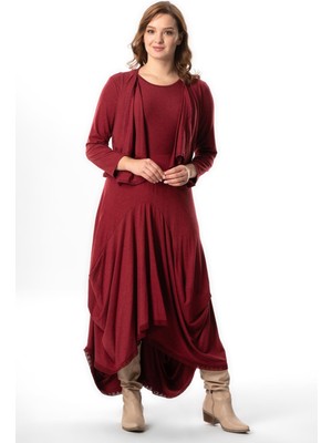 Eliş Şile Bezi Uzun Kol Atlas Sonbahar ve Kışlık Asimetrik Kesim Otantik Uzun Yünlü Viskon Elbise Bordo Brd