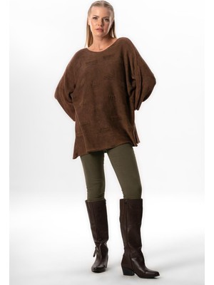 Eliş Şile Bezi Geniş Kol Hira Sonbahar Kışlık Asimetrik Kesim Otantik Triko Kazak Kahve Khv