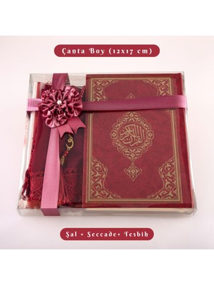 Şal + Seccade + Tesbih + Kuran Hediye Seti (Çanta Boy, Ekonomik Cilt, Bordo)