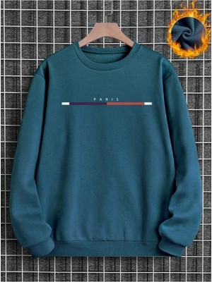 Altamira Erkek Petrol Mavi Paris Baskılı Oversize Bisiklet Yaka Sweatshirt