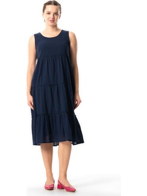 Kolsuz Şile Bezi Şule Midi Boy Fırfır Detaylı Yazlık Elbise Lacivert Lcvt