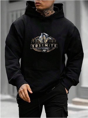 Altamira Erkek Siyah Yosemite Baskılı Kapüşonlu Sweatshirt