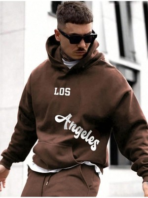 Altamira Erkek Kahverengi Los Angeles Baskılı Oversize Kapşonlu Sweatshirt