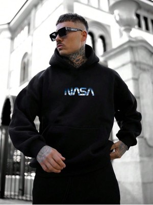 Altamira Erkek Siyah Nasa Baskılı Kapüşonlu Sweatshirt