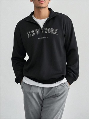 Altamira Erkek Siyah New York Baskılı Yarım Fermuarlı Oversize Polo Yaka Sweatshirt