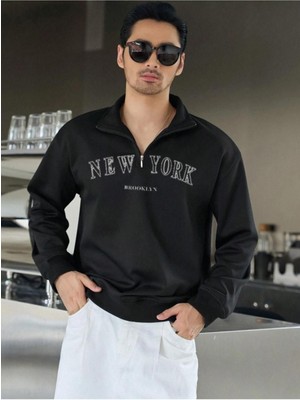 Altamira Erkek Siyah New York Baskılı Yarım Fermuarlı Oversize Polo Yaka Sweatshirt