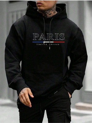 Altamira Erkek Siyah Büyük Paris Baskılı Kapüşonlu Sweatshirt