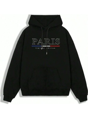 Altamira Erkek Siyah Büyük Paris Baskılı Kapüşonlu Sweatshirt