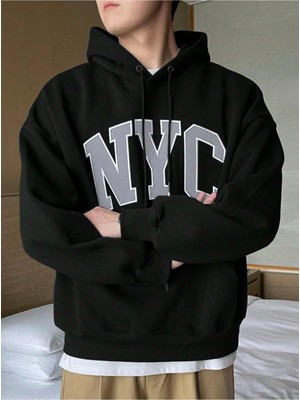 Altamira Erkek Siyah Nyc Baskılı Oversize Kapşonlu Sweatshirt