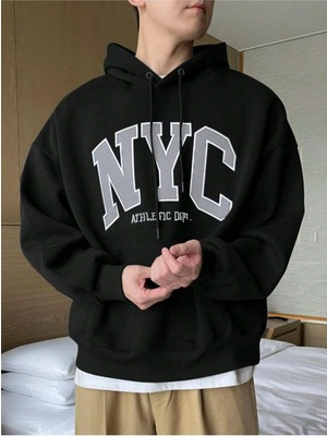 Altamira Erkek Siyah Nyc Baskılı Oversize Kapşonlu Sweatshirt