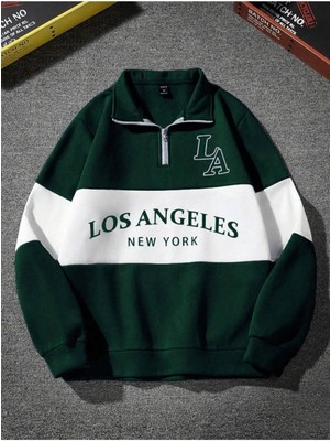 Unisex Los Angeles Baskılı Oversize Parçalı Polo Yaka Fermuarlı Sweatshirt