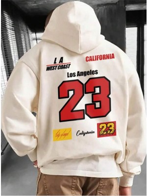 Altamira Unisex Bej California Los Angeles 23 Baskılı Oversize Kapşonlu Sweatshirt