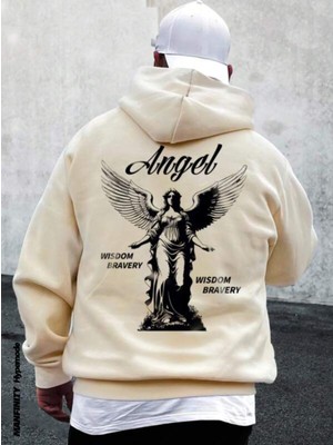 Altamira Unisex Bej Sırt Angel Baskı Kapüşonlu Sweatshirt