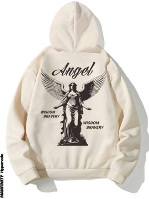 Altamira Unisex Bej Sırt Angel Baskı Kapüşonlu Sweatshirt