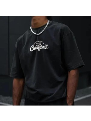Erkek Siyah Göğüs California Baskılı Oversize T-Shirt