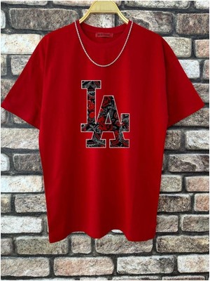 Erkek Kırmızı La Baskılı Oversize Tshirt