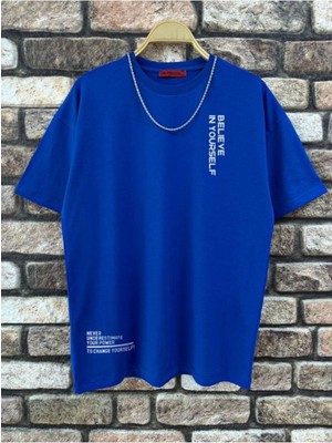 Erkek Believe Baskılı Oversize T-Shirt