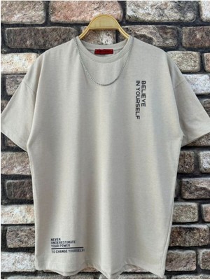 Erkek Believe Baskılı Oversize T-Shirt