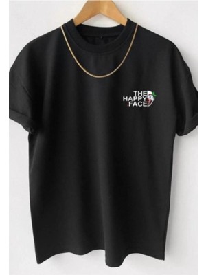 Erkek Siyah Happy Face Baskılı Oversize T-Shirt