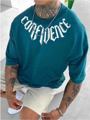 Erkek Petrol Mavi Yaka Baskılı Oversize T-Shirt