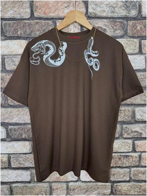 Erkek Yılan Baskılı Oversize Bisiklet Yaka T-Shirt