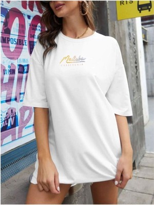 Kadın Beyaz Malibu Baskılı Oversize T-Shirt