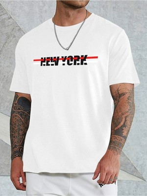 Unisex Beyaz New York Baskılı Oversize Tshirt