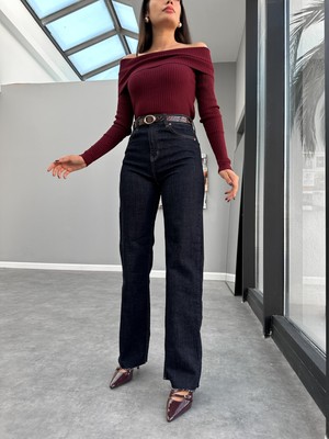 Koyu Lacivert Likralı Wide Leg Jean