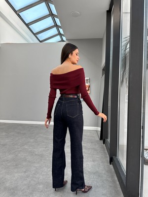 Koyu Lacivert Likralı Wide Leg Jean