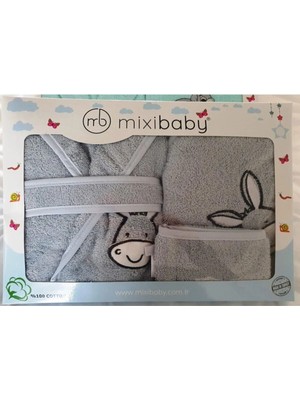 Mixi Baby Gri Renk 3 Parça Bebek Bornoz Seti - Tavşan Nakışlı