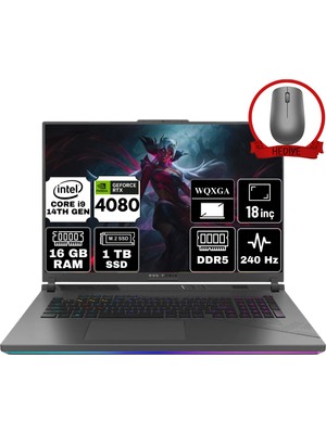 Asus Rog Strıx G18 Intel Core I9-14900HX 16GB 1tb SSD RTX4080/12GB 18" Wqxga 240Hz Freedos Taşınabilir Bilgisayar G814JZR-N6089-A6 & Anzar Mouse