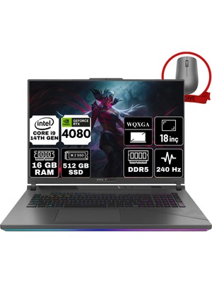 Asus Rog Strıx G18 Intel Core I9-14900HX 16GB 512GB SSD RTX4080/12GB 18" Wqxga 240Hz W11H Taşınabilir Bilgisayar G814JZR-N6089-A37 & Anzar Mouse